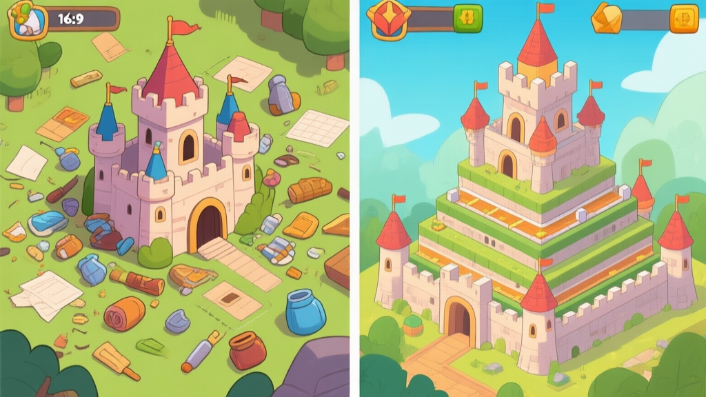 A split-screen illustration showing a chaotic, poorly planned castle on the left with resources scattered, and a well-organized, strategically built castle on the right with clear defensive layers, in a charming cartoon game art style high quality illustration, detailed, 16:9