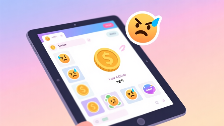 自动生成图片: A vibrant digital sticker album interface on a tablet screen, showing duplicate stickers and a low coin count, with a frustrated emoji hovering above, in a flat illustration style with soft pastel colors high quality illustration, detailed, 16:9