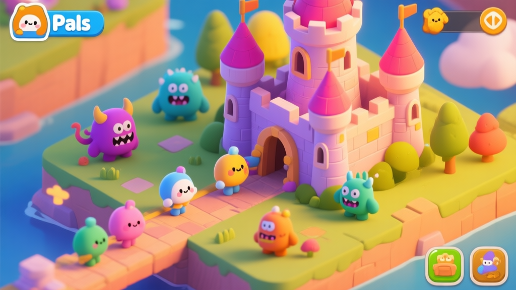 A vibrant, isometric view of a Castle Pals game level, showing cute character "pals" defending a colorful castle against cartoonish monsters, with a warm and inviting color palette, soft lighting, and clear visual hierarchy high quality illustration, detailed, 16:9
