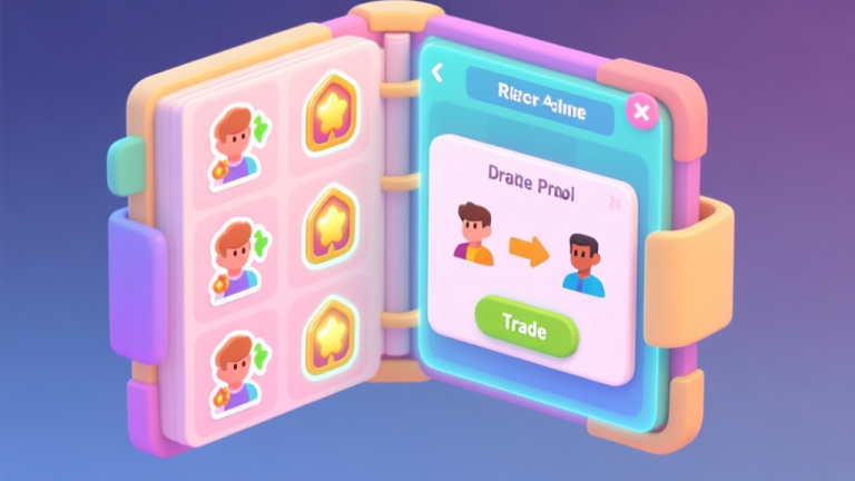 自动生成图片: An isometric view of a vibrant digital sticker album interface, showing duplicate stickers on one side, rare stickers glowing on the other, and a trade proposal window with arrows between two player avatars, using a soft pastel color palette high quality illustration, detailed, 16:9