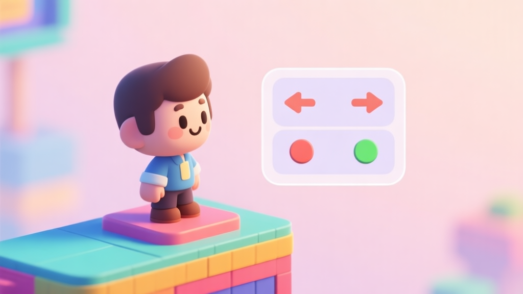 A friendly, stylized 2D game character standing on a colorful platform, looking at a simple control layout overlay with arrows and buttons, soft pastel background high quality illustration, detailed, 16:9