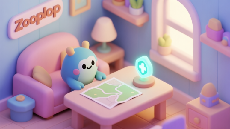 自动生成图片: A cozy, inviting scene of a beginner's virtual room in Zooplop, with a friendly creature character looking at a simple map and a glowing quest icon on a table, soft pastel colors, isometric view high quality illustration, detailed, 16:9
