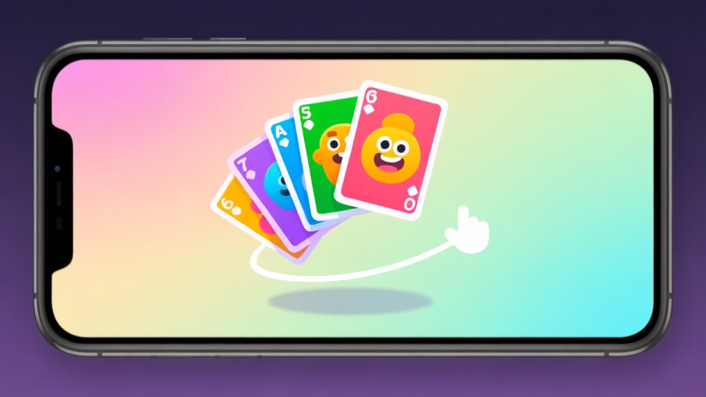 A vibrant, stylized mobile game screen showing colorful character cards mid-flip, with a simple swipe gesture trail, set against a soft gradient background. Casual game aesthetic, clean and inviting. high quality illustration, detailed, 16:9