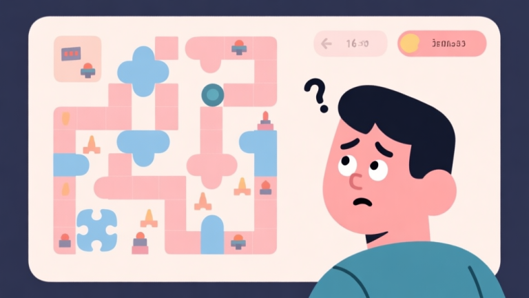 自动生成图片: A stylized, minimalist illustration of a puzzle game interface showing a player character looking confused at a complex level layout with interconnected shapes and obstacles, in a soft pastel color palette high quality illustration, detailed, 16:9