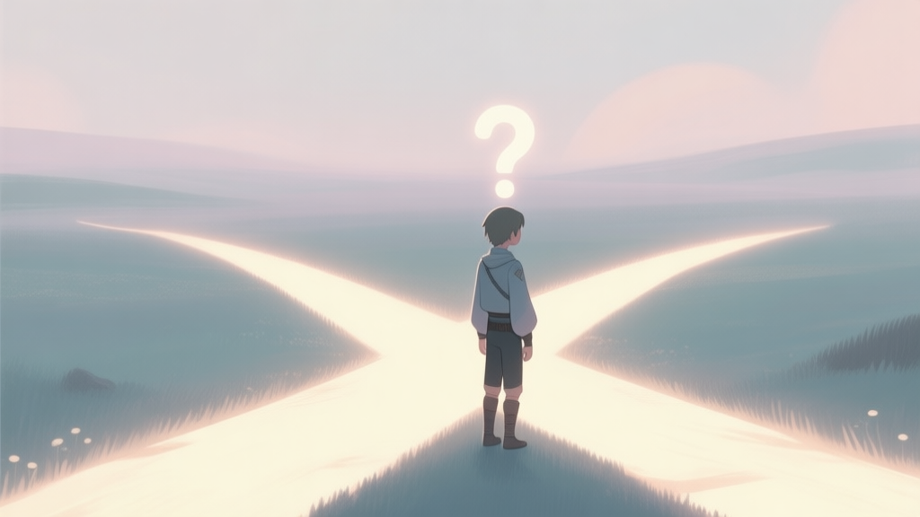 A serene, minimalist illustration of a new player character standing at a crossroads in a soft, ethereal landscape, looking at two glowing paths with gentle question marks above their head, in a muted pastel color palette high quality illustration, detailed, 16:9