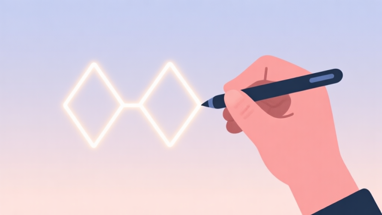 自动生成图片: A minimalist, flat design illustration of a hand using a stylus to draw a glowing line between two geometric shapes on a soft pastel background, evoking a sense of calm and precision high quality illustration, detailed, 16:9