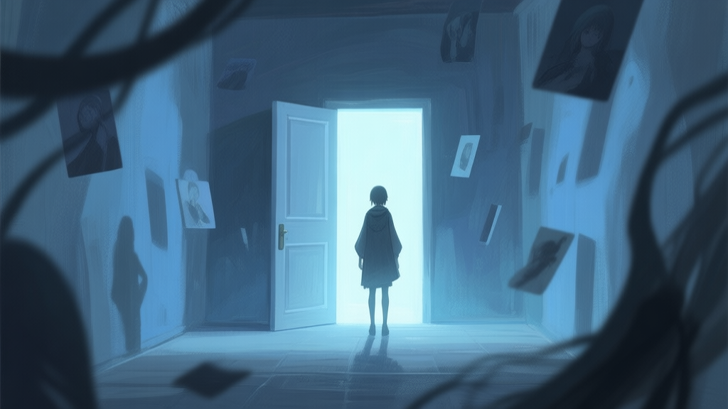 A melancholic and atmospheric game scene in a liminal space, showing a lone character facing a door glowing with soft light, surrounded by abstract shadows and floating memories, muted color palette with blues and greys, digital painting style high quality illustration, detailed, 16:9