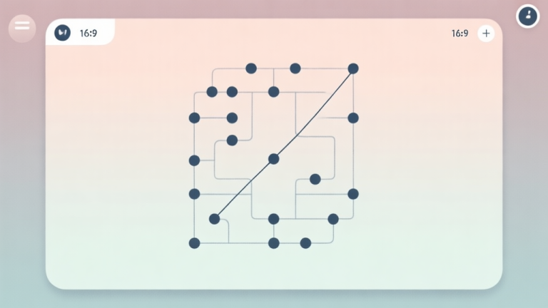 自动生成图片: A minimalist game interface showing a complex puzzle with dots and a single, elegant line connecting them all, against a soft pastel background high quality illustration, detailed, 16:9