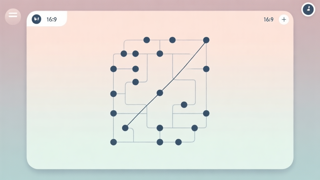 A minimalist game interface showing a complex puzzle with dots and a single, elegant line connecting them all, against a soft pastel background high quality illustration, detailed, 16:9