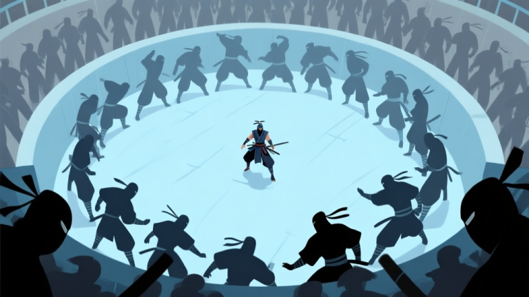 自动生成图片: A dynamic top-down view of a lone game character surrounded by a crowd of stylized ninja silhouettes in a circular arena, soft blue and grey color scheme, conveying tension and being overwhelmed high quality illustration, detailed, 16:9