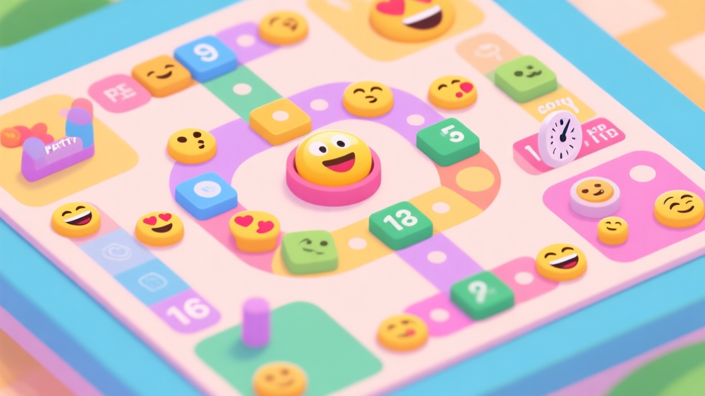 A vibrant, top-down view of a colorful Emoji Party game board with various emoji tiles, a timer, and score counters, in a playful flat design style with soft pastel colors high quality illustration, detailed, 16:9