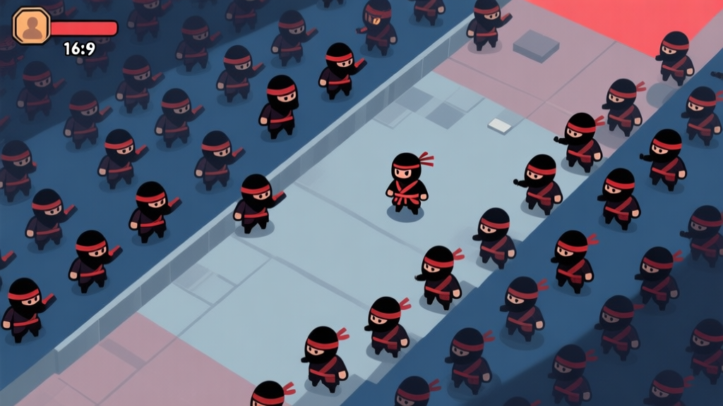 A stylized, top-down view of a video game level filled with numerous identical ninja character sprites overwhelming a single player character, using a soft color palette of dark blues and greys with highlights of red, minimalist game art style high quality illustration, detailed, 16:9