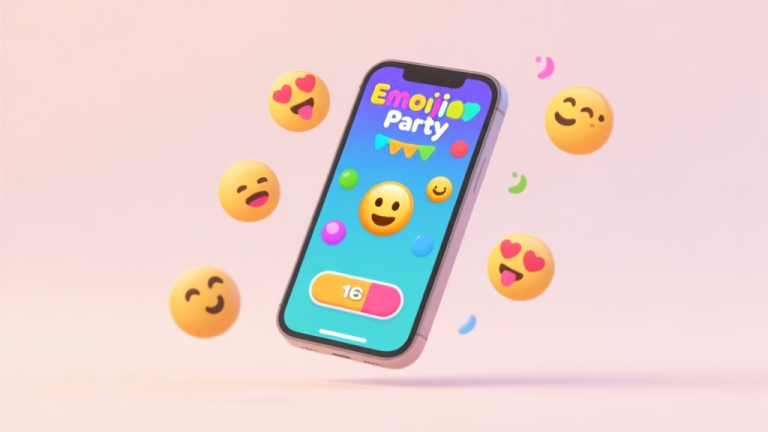 自动生成图片: A cheerful, minimalist illustration of a smartphone showing a colorful Emoji Party game interface, with simple, playful emojis floating around it, on a soft pastel background high quality illustration, detailed, 16:9