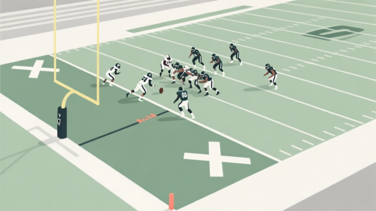 自动生成图片: A top-down, minimalist diagram of an American football field, focusing on the end zone. The 1-yard line is highlighted, with X's and O's representing offensive and defensive players in a tense 4th down goal-line formation, using a soft color palette of muted green, white, and grey high quality illustration, detailed, 16:9