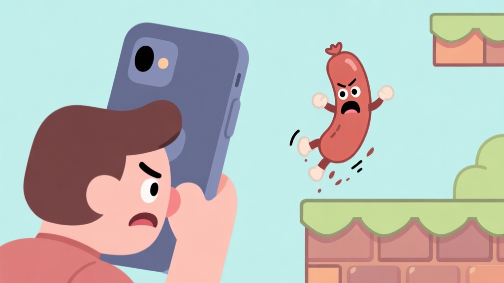 A frustrated mobile gamer looking at a sausage character falling off a platform in a game, soft pastel colors, simple cartoon style, clean background high quality illustration, detailed, 16:9