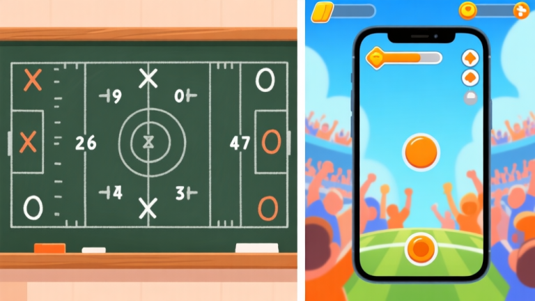 自动生成图片: A split-screen illustration showing two contrasting game styles. Left side: complex American football playbook diagram with X's and O's on a chalkboard. Right side: vibrant, stylized mobile game interface with simple tap controls and cheering crowd. Soft blue and orange color scheme. high quality illustration, detailed, 16:9