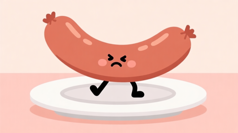 自动生成图片: A simple, charming illustration of a wobbly sausage balancing on a plate, with a cute, frustrated face, against a soft pastel background. Flat design style. high quality illustration, detailed, 16:9