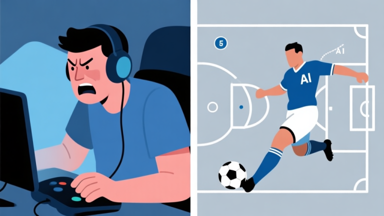 自动生成图片: A split-screen illustration showing a frustrated gamer on one side and a triumphant AI-controlled football player scoring on the other, with a play diagram overlay, using a muted color palette of blues and greys high quality illustration, detailed, 16:9
