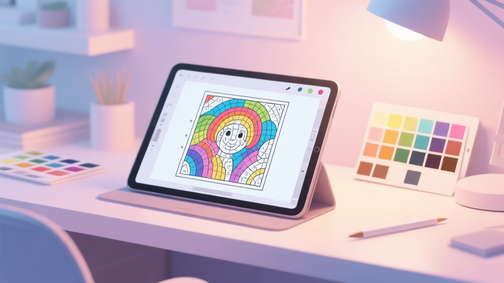 A serene digital art workspace setup, showing a tablet with a color-by-number canvas open, a curated color palette on the side, and gentle lighting, in a soft pastel color scheme high quality illustration, detailed, 16:9