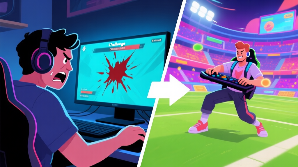 A split-screen image showing a frustrated gamer on the left looking at a failed challenge screen on a monitor, and on the right, a confident gamer executing a perfect play in a vibrant virtual stadium, with a subtle arrow connecting the two scenes high quality illustration, detailed, 16:9