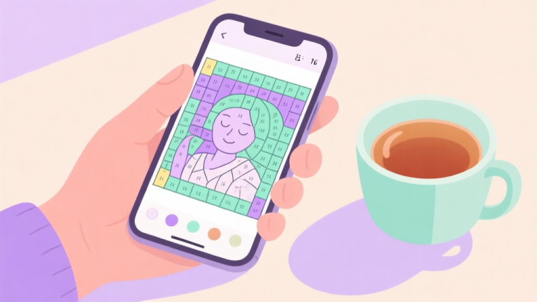 自动生成图片: A calming digital illustration of a hand holding a smartphone showing a color-by-number artwork in progress, soft pastel colors like lavender and mint green, a warm cup of tea beside it, conveying a sense of peace and focused relaxation high quality illustration, detailed, 16:9