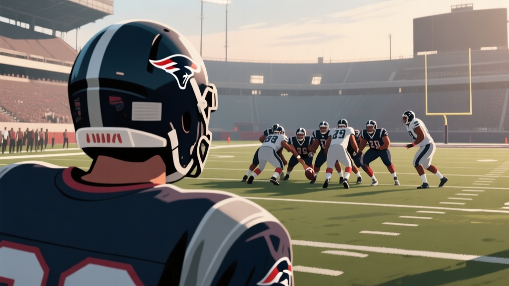 A tense American football game scene viewed from behind the offense, showing the quarterback looking at the defense on a 4th and goal situation, late afternoon stadium lighting, muted colors, focused on the strategic tension high quality illustration, detailed, 16:9
