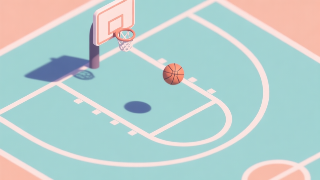 A simple, top-down view of a Basketball FRVR-style court with a single hoop and a basketball mid-air on a trajectory towards it, soft pastel colors, clean lines, minimalist game aesthetic high quality illustration, detailed, 16:9