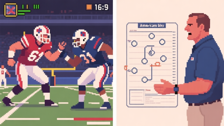 自动生成图片: Split-screen illustration showing a tense American football game moment on one side (pixelated video game style) and a detailed coach's playbook diagram on the other, in a soft, muted color palette high quality illustration, detailed, 16:9