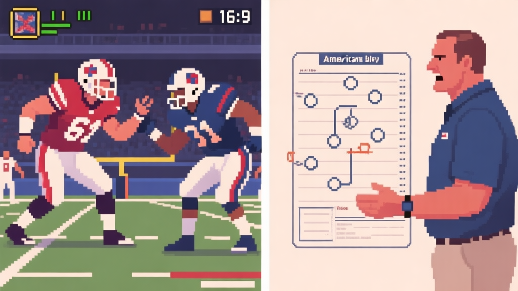Split-screen illustration showing a tense American football game moment on one side (pixelated video game style) and a detailed coach's playbook diagram on the other, in a soft, muted color palette high quality illustration, detailed, 16:9