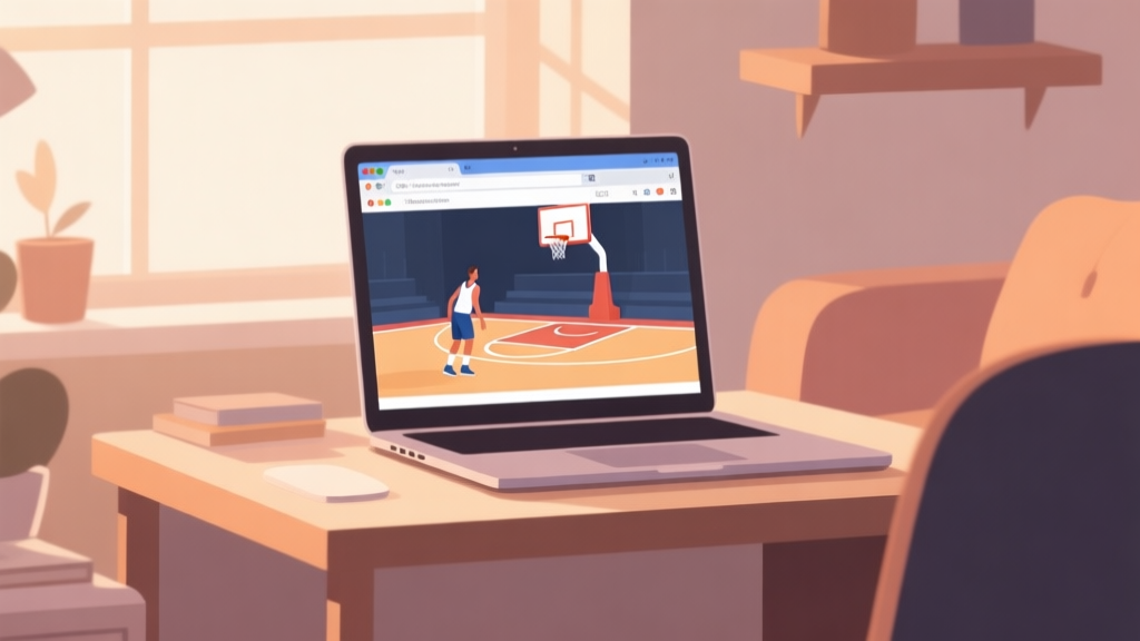 A minimalist, cozy scene of a laptop on a desk with a browser window open to a simple basketball game, soft afternoon lighting, warm and inviting color palette, flat illustration style high quality illustration, detailed, 16:9