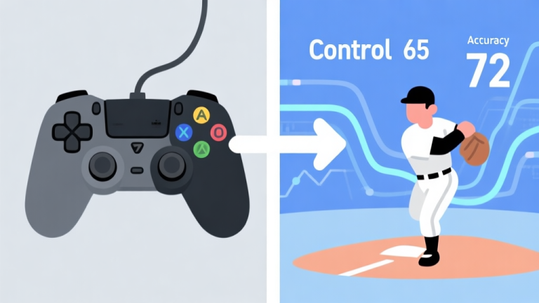 自动生成图片: Split-screen illustration showing a game controller on one side with an arrow pointing to a pitcher avatar on the other side, with abstract data lines like "Control 65", "Accuracy 72" flowing between them, in a soft blue and grey color scheme, flat design style high quality illustration, detailed, 16:9