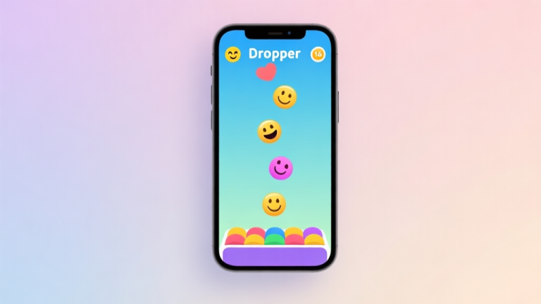 自动生成图片: A calm, minimalist illustration of a smartphone screen showing a colorful Emoji Dropper game interface with falling smileys, soft pastel background, clean lines, flat design style high quality illustration, detailed, 16:9