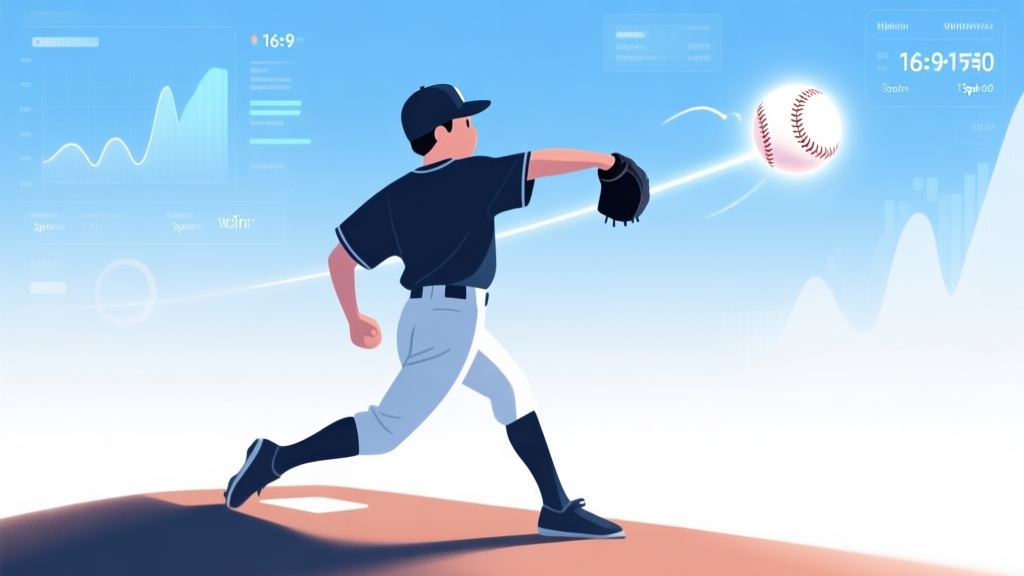 A stylized, minimalist illustration of a young baseball pitcher in mid-windup, viewed from behind. The focus is on the dynamic pose and the trajectory of a glowing baseball. The background is a soft gradient of sky blue and white, with abstract data overlays showing pitch speed and spin rate. high quality illustration, detailed, 16:9