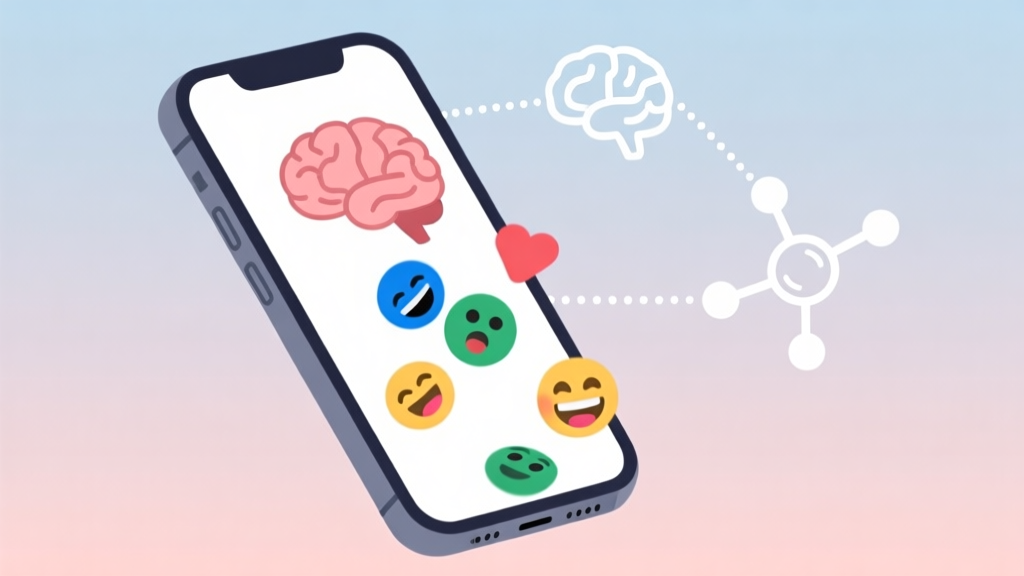 A minimalist, flat design illustration of a smartphone screen showing colorful emojis falling into place, with a simple brain icon in the background connected by dotted lines to a dopamine molecule, using a soft pastel color palette high quality illustration, detailed, 16:9