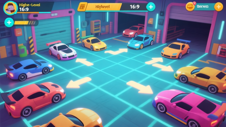 自动生成图片: A vibrant game UI screenshot style image showing a racing game's garage scene, with multiple low and high-level cartoon cars arranged on a grid, arrows indicating merge paths between them, soft glowing effects on higher-level vehicles high quality illustration, detailed, 16:9