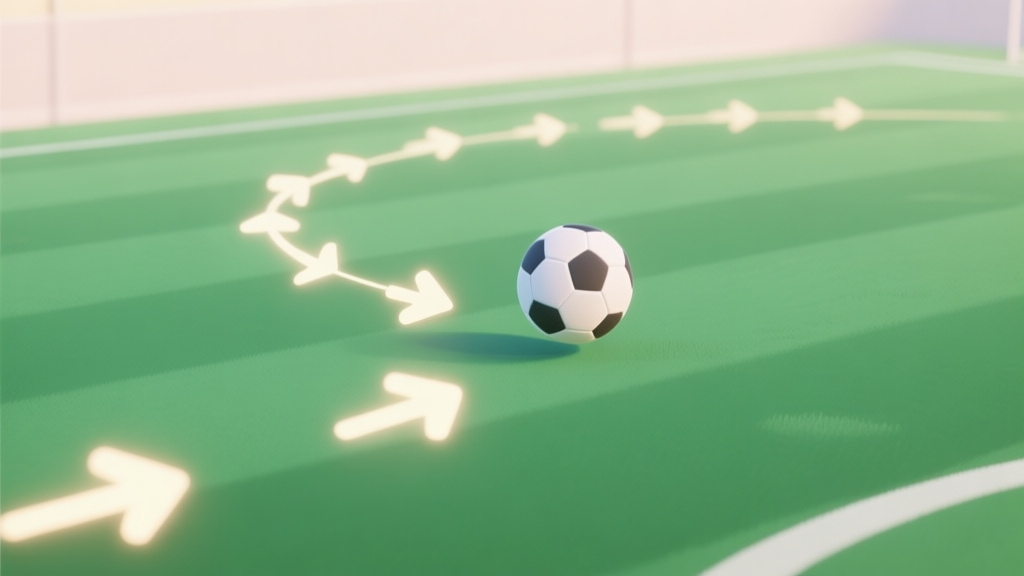 A minimalist game scene showing a soccer ball on a green field with multiple, softly glowing gravitational pull arrows pointing in different directions, creating a curved path trajectory in the air, soft color palette high quality illustration, detailed, 16:9