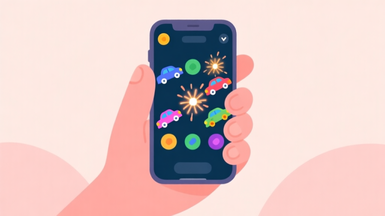 自动生成图片: A minimalist, cozy illustration of a hand holding a smartphone showing a vibrant merge game interface, with colorful cars and merge sparks, soft pastel background, flat design style high quality illustration, detailed, 16:9