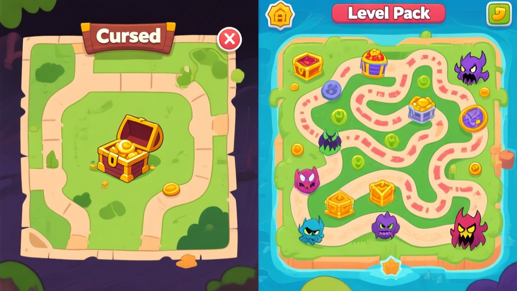 A split-screen game illustration showing the classic Cursed Treasure map on the left with simple paths, and the new Level Pack map on the right with complex winding paths, multiple treasure types, and stronger enemy waves, in a vibrant cartoon game art style high quality illustration, detailed, 16:9