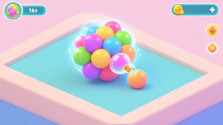 自动生成图片: A vibrant, clean game UI for a mobile puzzle game showing colorful bubble clusters, with a visual effect highlighting a larger group "consuming" a smaller adjacent one, soft pastel colors, isometric view high quality illustration, detailed, 16:9