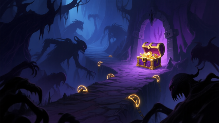 自动生成图片: A dark fantasy game scene showing a treacherous path filled with monstrous shadows and glowing traps, leading to a shimmering cursed treasure chest, muted purples and deep blues color scheme, atmospheric lighting high quality illustration, detailed, 16:9