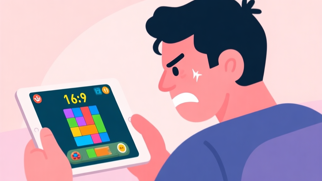 A frustrated gamer looking at a tablet screen showing a low score in a colorful puzzle game, soft pastel background, flat illustration style high quality illustration, detailed, 16:9