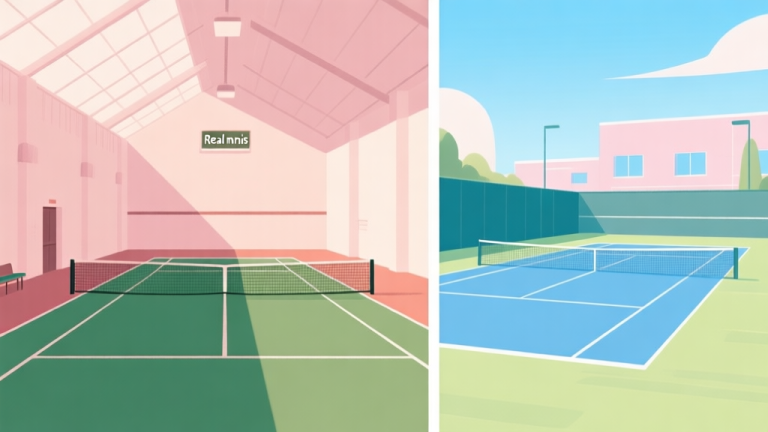 自动生成图片: Split-screen illustration showing a classic indoor Real Tennis court with asymmetric walls on one side, and a bright modern outdoor tennis court on the other, in a soft pastel color palette high quality illustration, detailed, 16:9