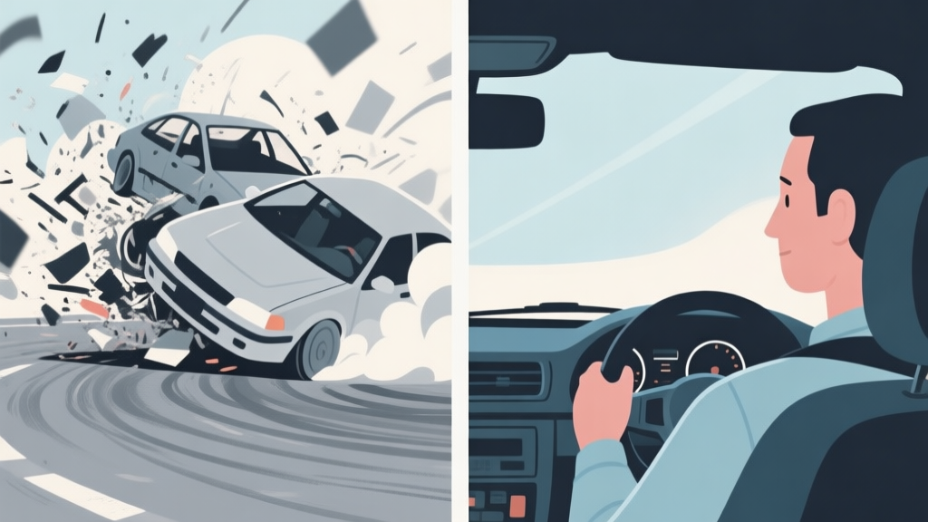 A split-screen illustration showing a chaotic car spin-out on one side and a smooth, controlled drift on the other, with a calm driver in the cockpit, using a soft color palette of greys and blues high quality illustration, detailed, 16:9
