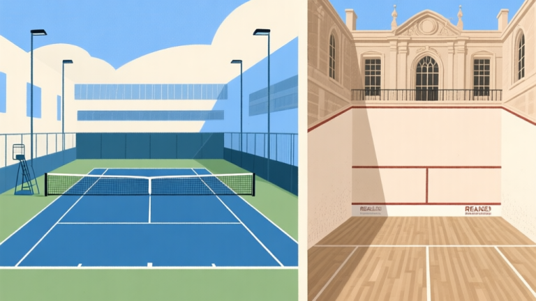 自动生成图片: A split-screen illustration showing a modern tennis court on one side and a historic real tennis court on the other, highlighting the complex walls and penthouse, in a soft sepia and blue color palette high quality illustration, detailed, 16:9