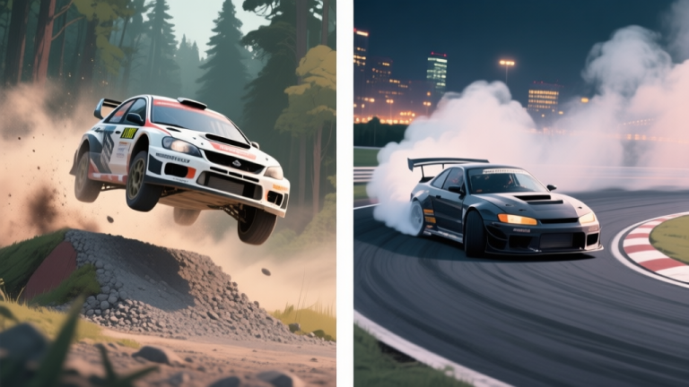 自动生成图片: Split-screen illustration contrasting two racing styles. Left side: a rally car in mid-air over a gravel jump, dust flying, forest background. Right side: a drift car in a dramatic sideways slide on a smooth asphalt circuit, smoke from tires, city lights at night. Soft color palette. high quality illustration, detailed, 16:9