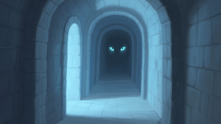 自动生成图片: A dimly lit dungeon corridor in a soft, painterly style, with subtle glowing eyes peering from the shadows, muted blues and greys color palette high quality illustration, detailed, 16:9