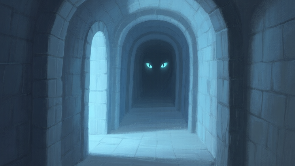 A dimly lit dungeon corridor in a soft, painterly style, with subtle glowing eyes peering from the shadows, muted blues and greys color palette high quality illustration, detailed, 16:9