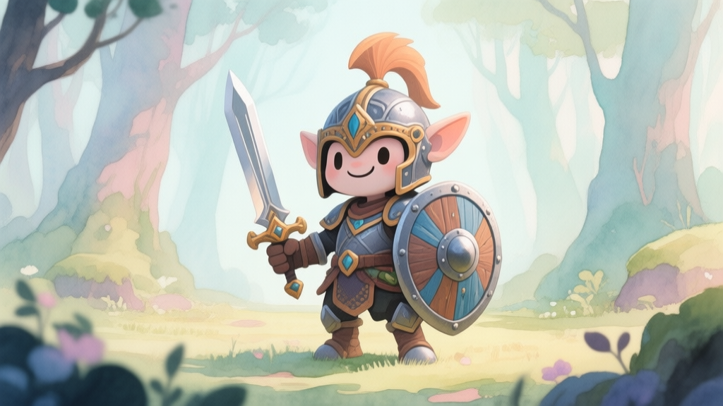 A friendly, stylized fantasy character in a detailed helmet, holding a sword and shield, standing in a mystical forest clearing, soft watercolor style, pastel colors high quality illustration, detailed, 16:9