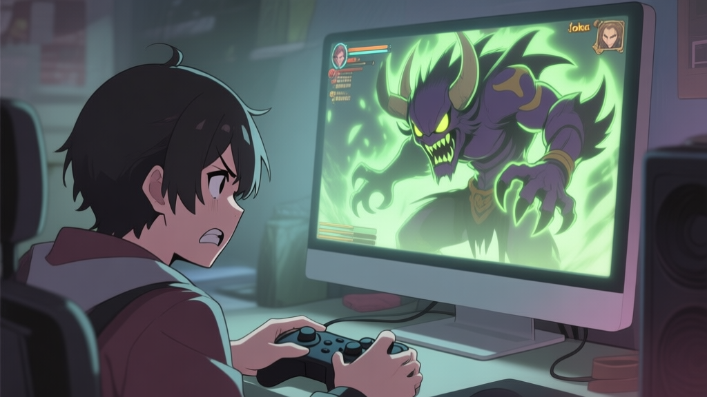 A frustrated gamer looking at a glowing, intimidating Yokai boss on a computer screen, soft lighting, muted colors, anime-inspired game art style high quality illustration, detailed, 16:9