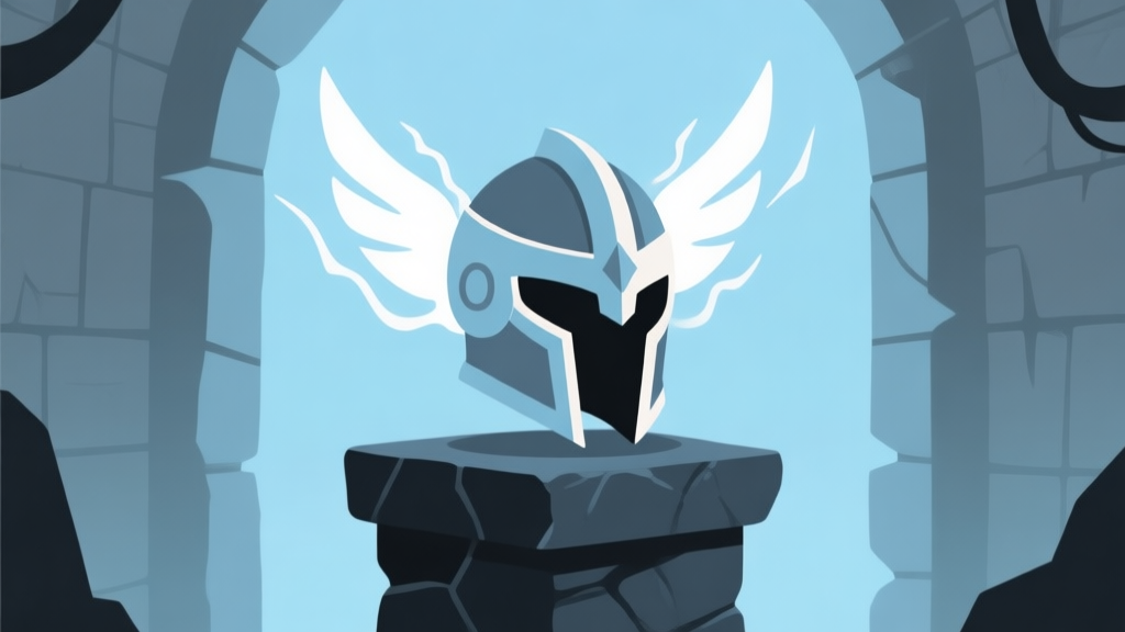 A stylized, minimalist illustration of a fantasy helmet with subtle wings or jump energy effects, placed on a dark stone pedestal in a dungeon setting, soft blue and grey color scheme, flat design style high quality illustration, detailed, 16:9